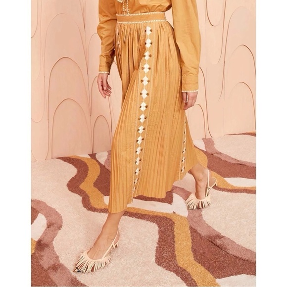 Ulla Johnson Midi Pleated Brown Sabina Embroidered Skirt - Picture 5 of 7